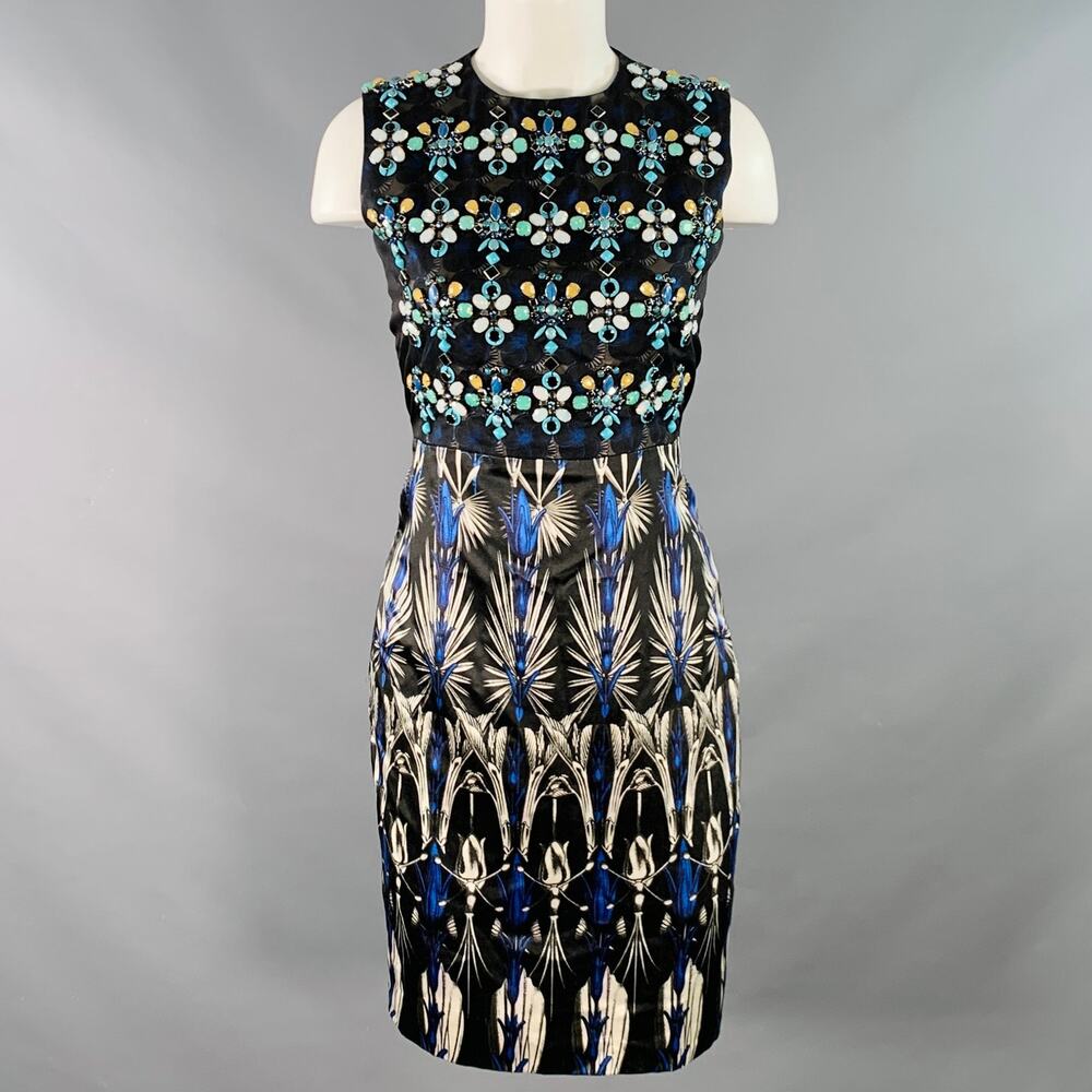 BIYAN S Lorelei Black Multi Color Silk Cotton Blend Beaded Midi Cocktail Dress